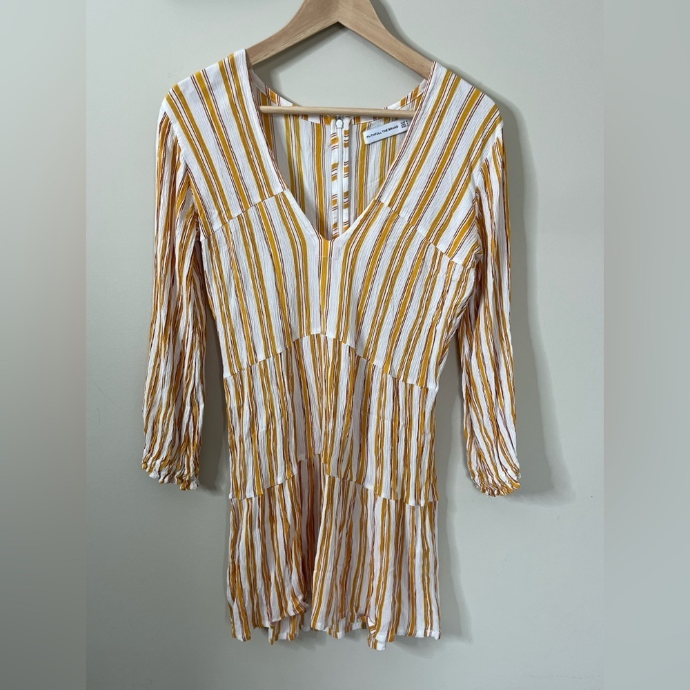 Faithfull the Brand White and Mustard Striped V-Neck Tiered Mini Dress